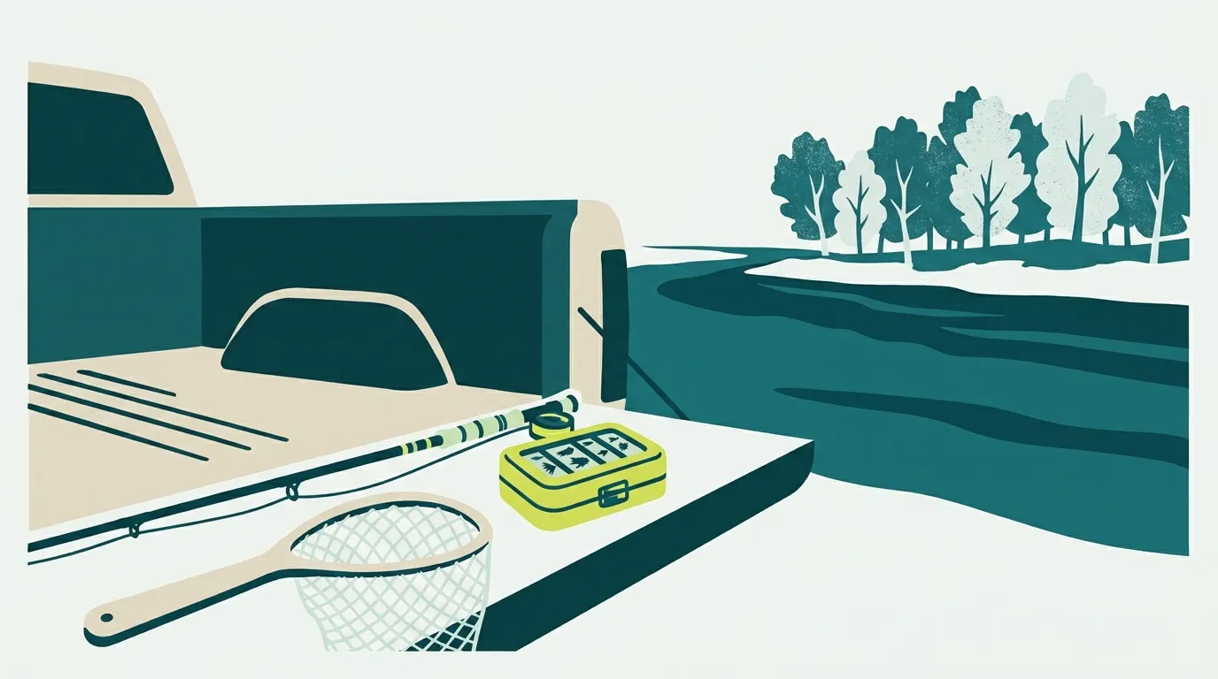 Fly rod, fly box and net on a tailgate by a river