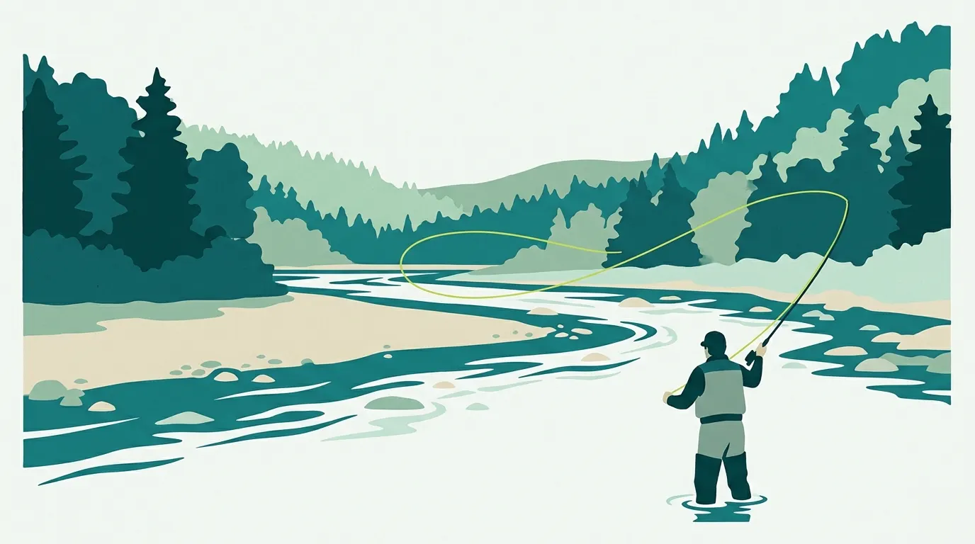 Angler casting a fly rod on a medium river