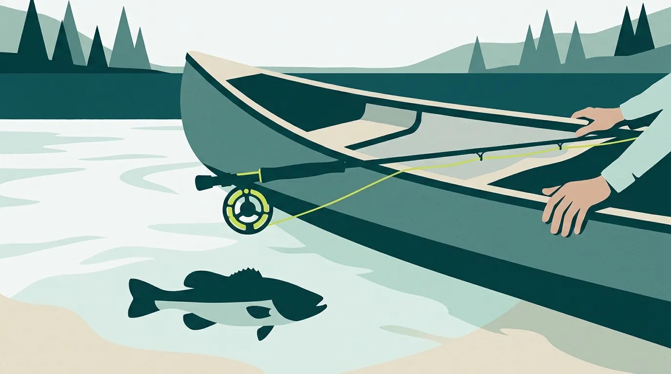Heavy fly rod across a canoe over a clear lake