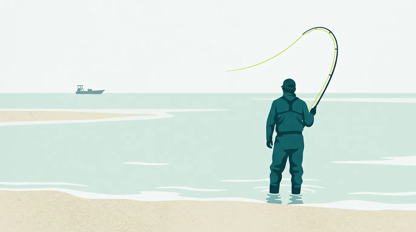 Angler with a heavy fly rod on a saltwater flat