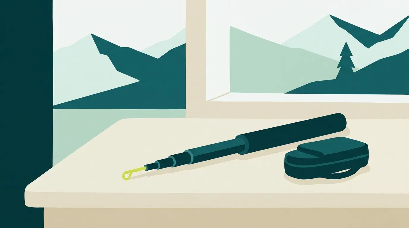Collapsed travel fly rod beside its small case