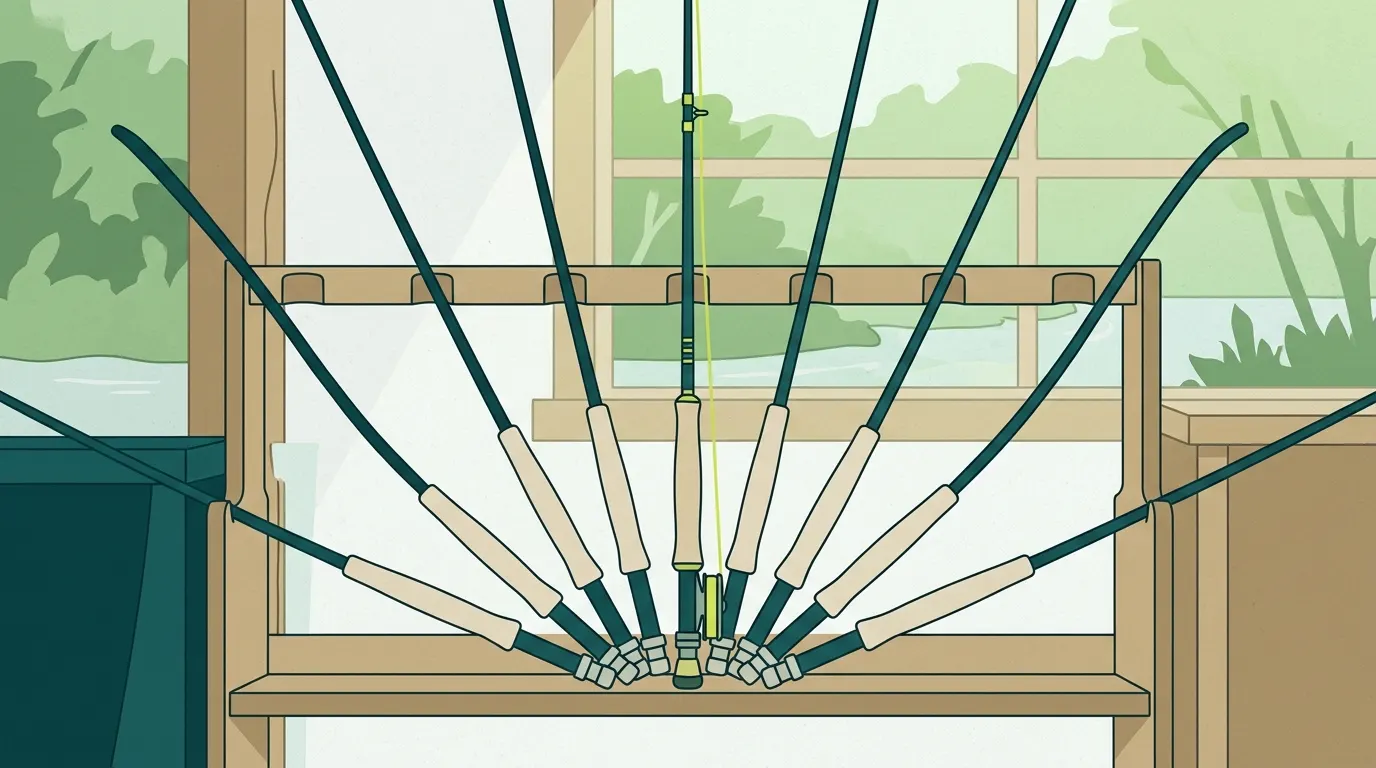 Row of fly rods leaning on a rack by a window