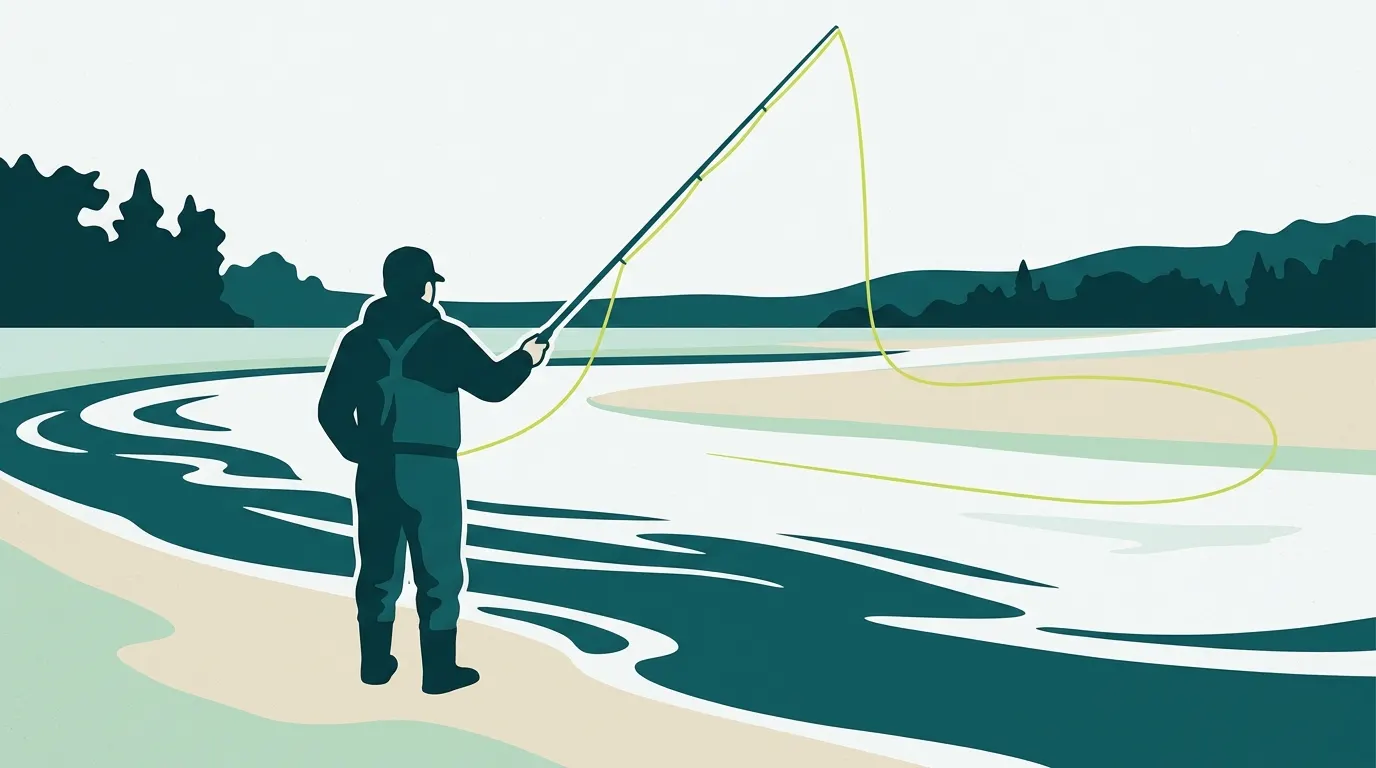 Angler making a sharp cast on a river bank