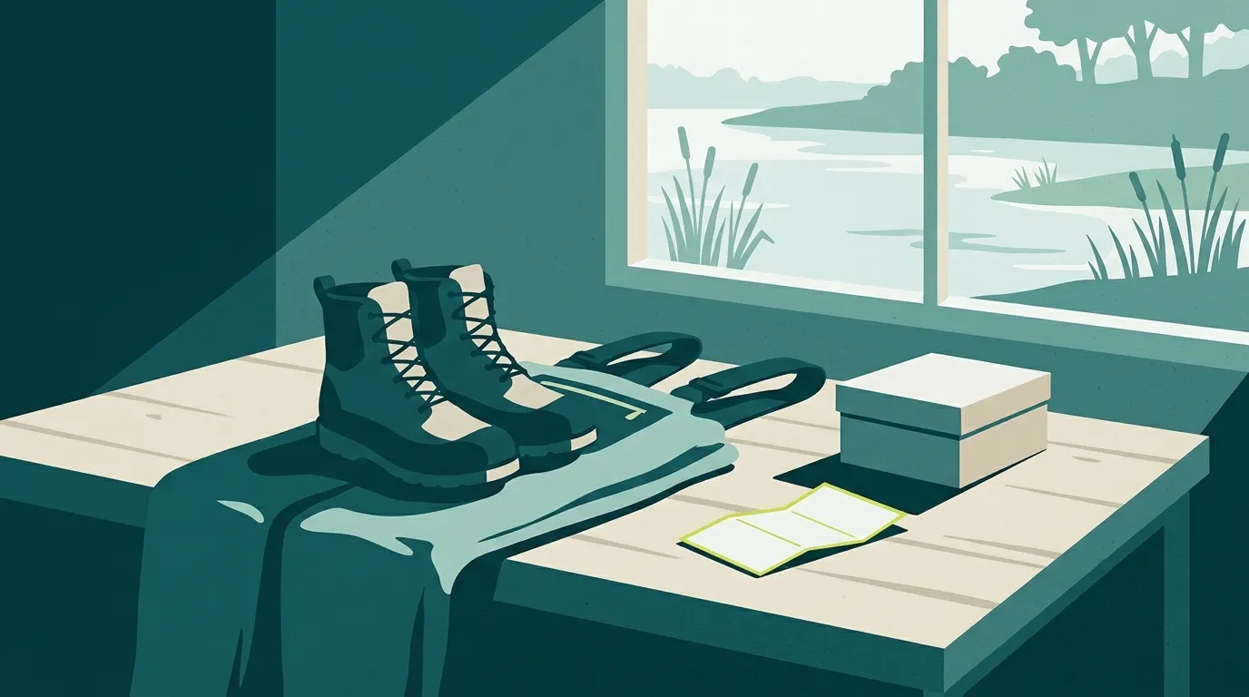 Waders on a workshop table with a receipt and small box