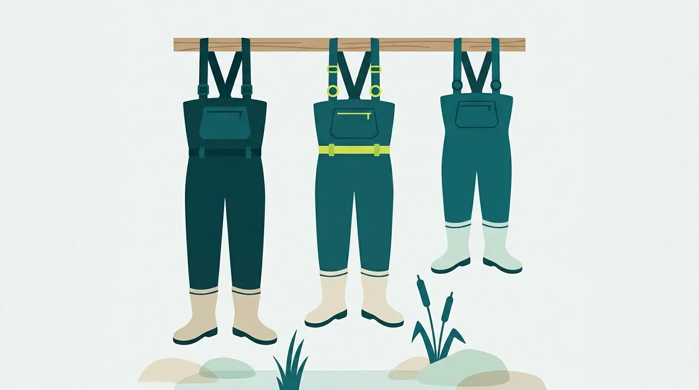 Three wader sizes hanging in a row