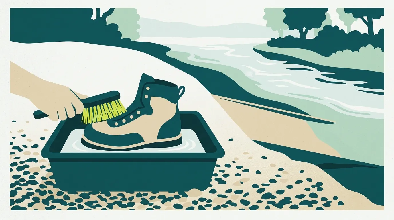 Wading boot being scrubbed with a brush in a tub