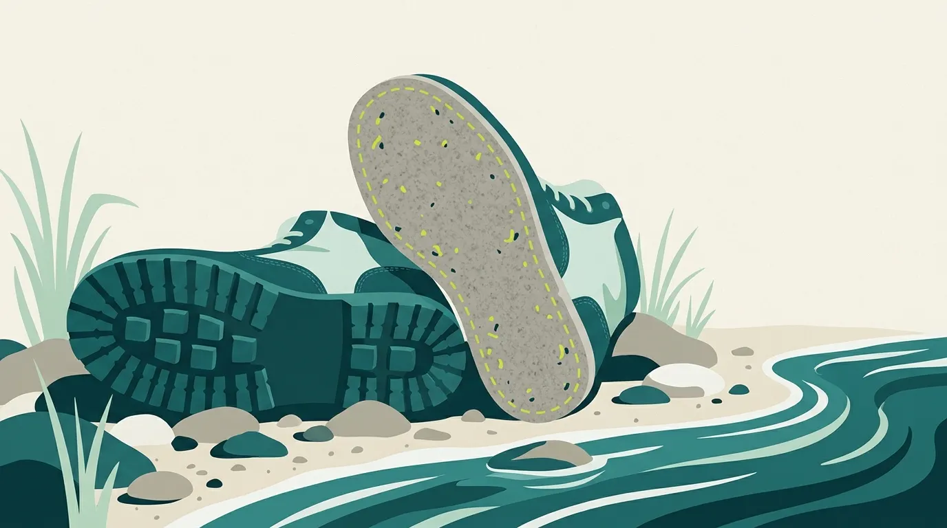 Felt sole and rubber sole wading boots on a riverbank