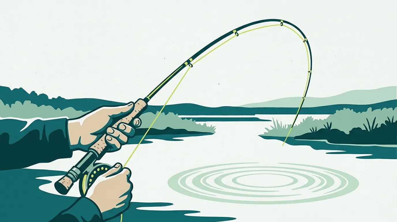 Hands on a flexing fly rod above a rise ring