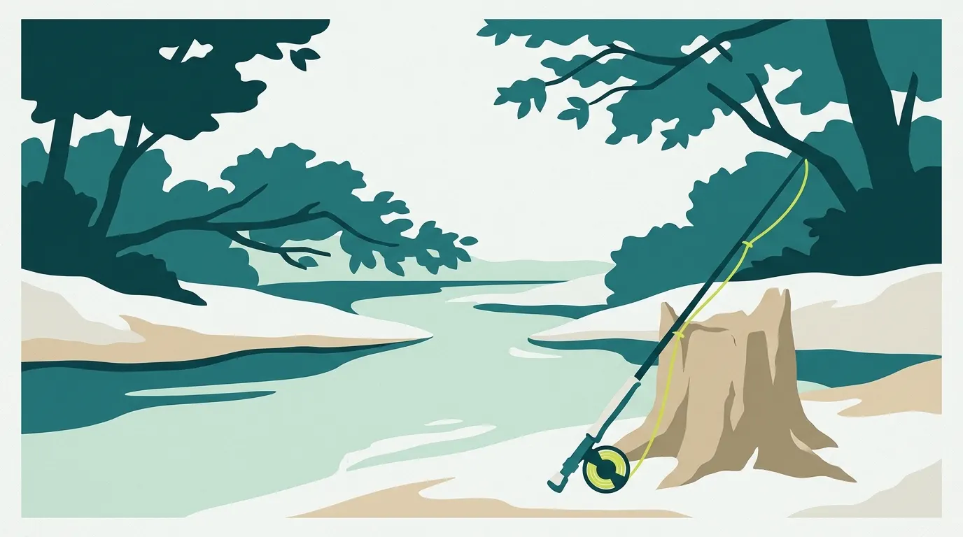 Short fly rod leaning on a stump at a brushy creek