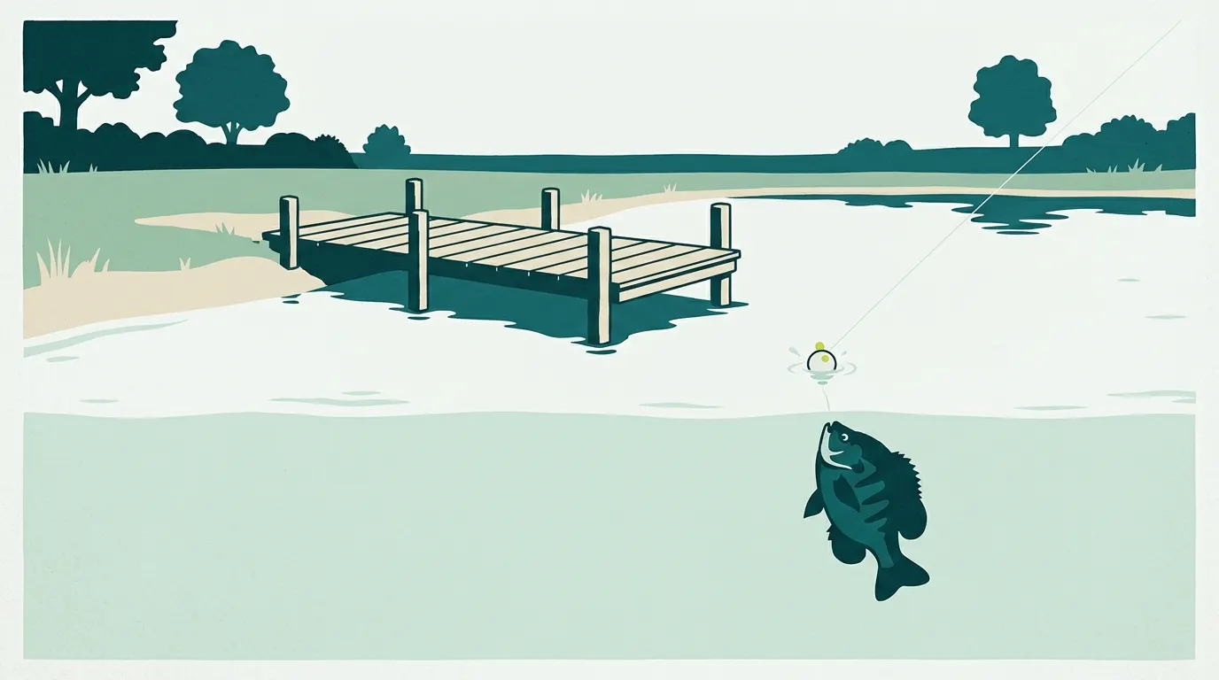 Sunny pond with a bluegill rising to a popper
