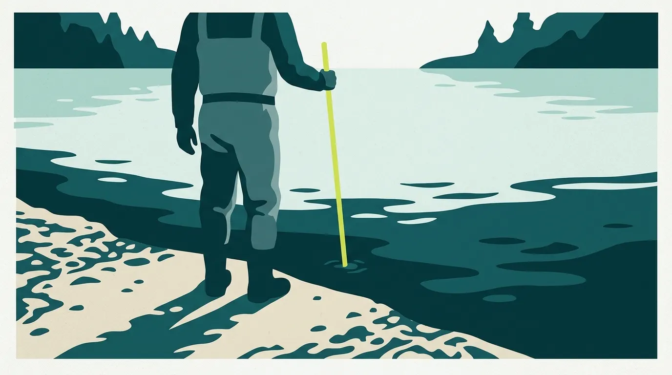 Wader testing soft mud with a wading staff