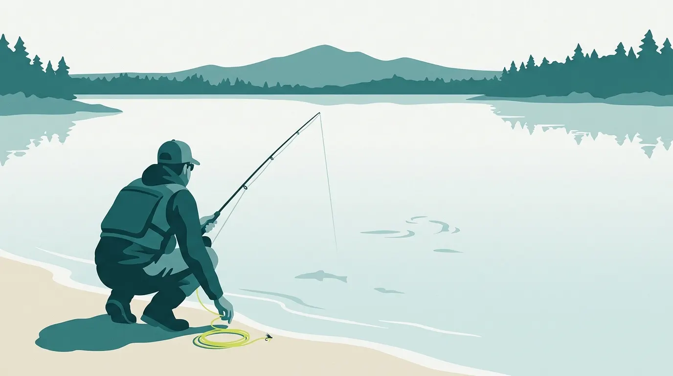 Angler crouched low scanning a shallow lake for carp