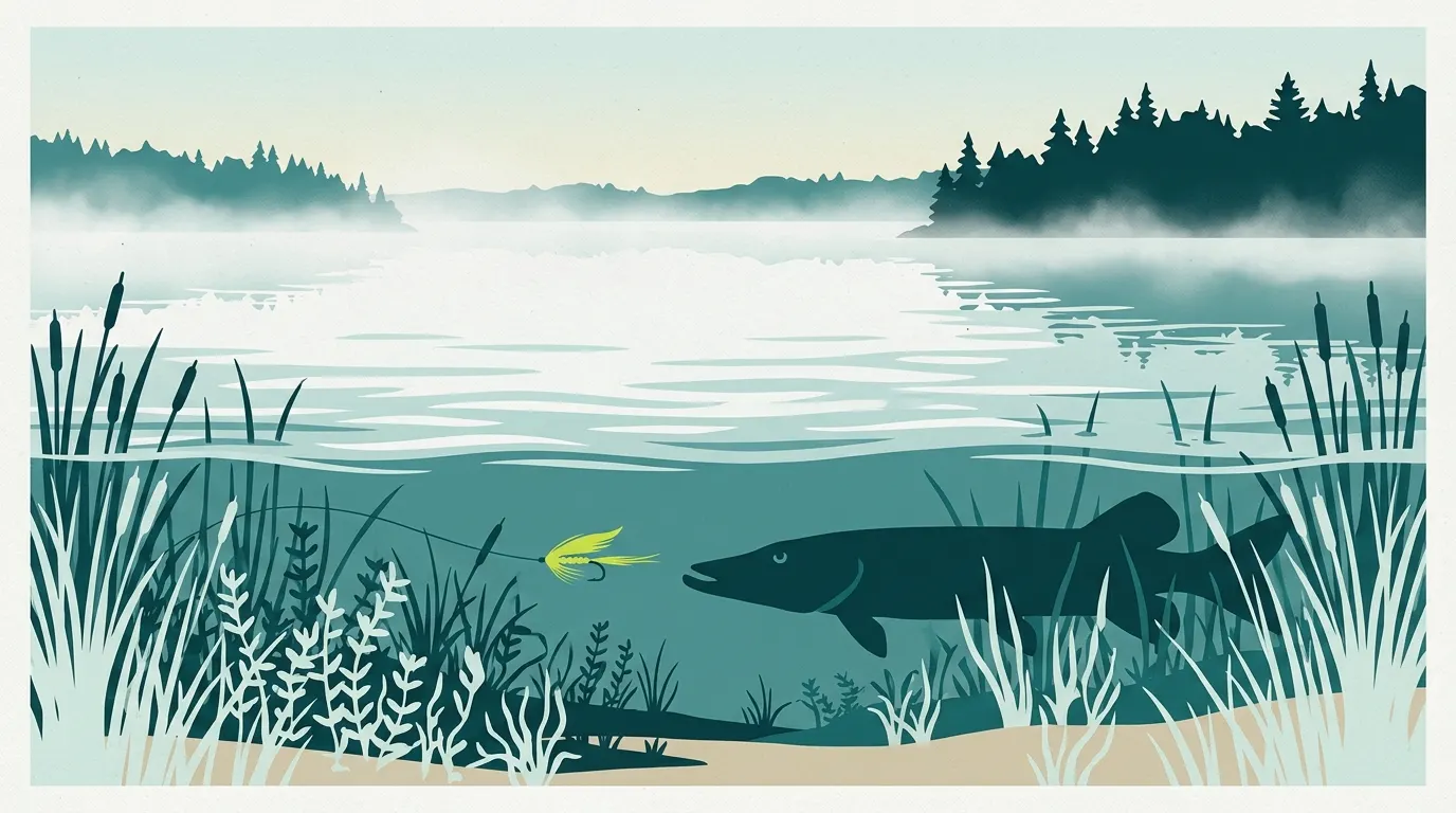 Weedy lake at dawn with a pike near a streamer