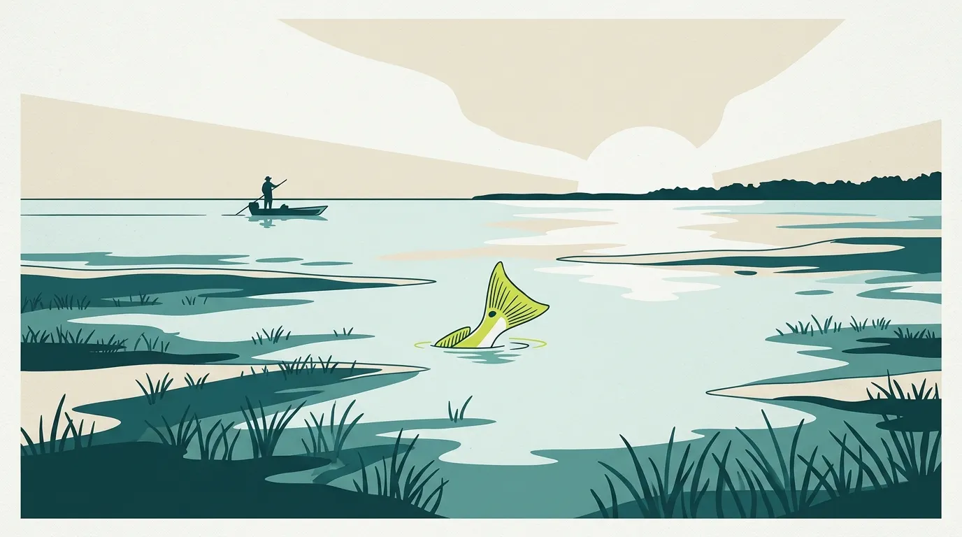 Saltwater flat at sunrise with a tailing redfish