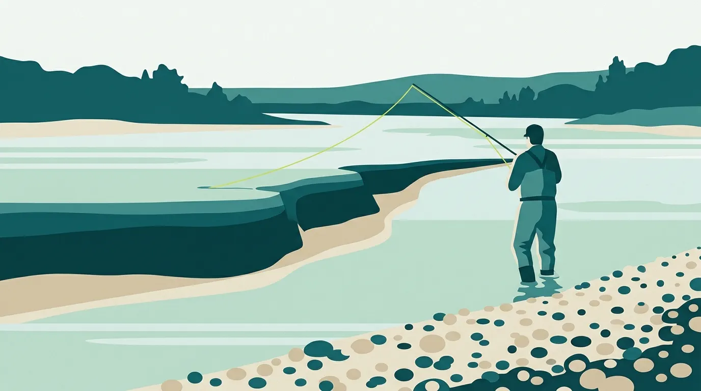 Angler wading a gravel bar casting to a ledge