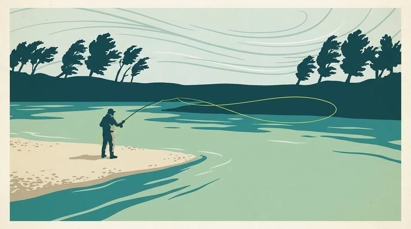 Angler casting a long tight loop into the wind on a wide river