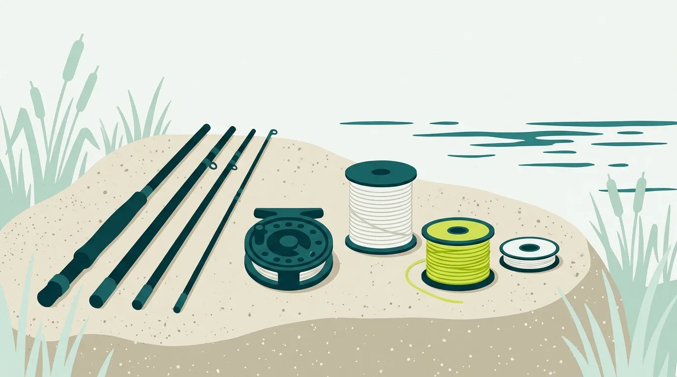 Rod sections, reel and leader arranged in order for rigging
