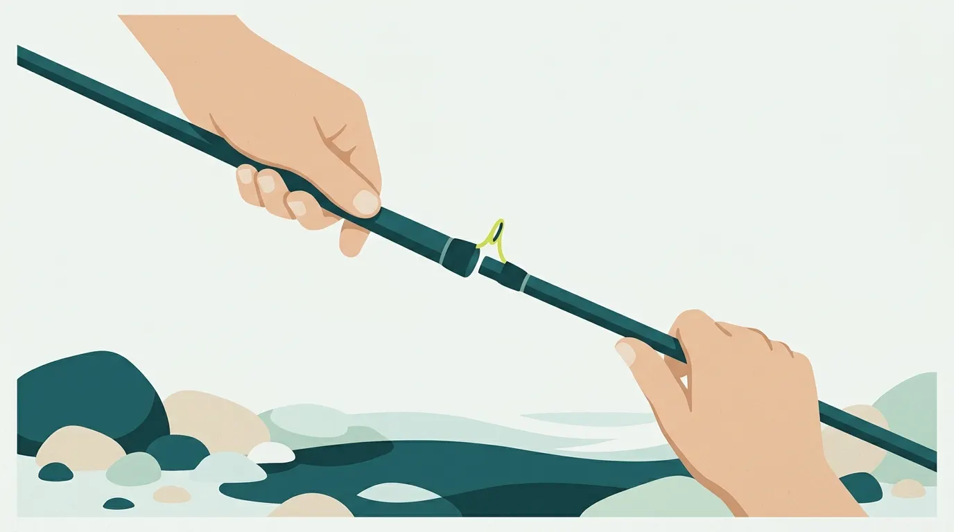 Hands joining two fly rod sections with guides aligned