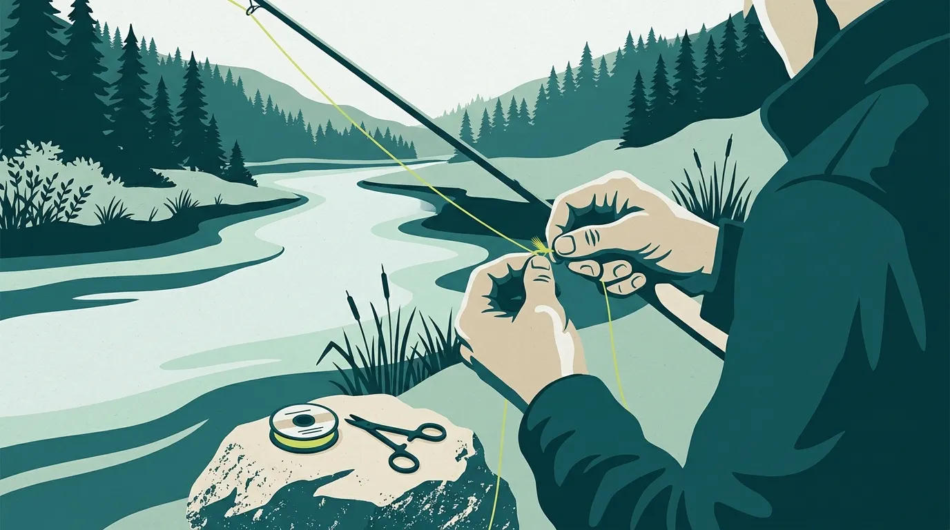 Hands tying a fly onto tippet beside a river