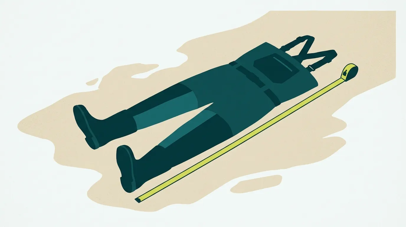 Chest waders laid flat with a plain tape measure