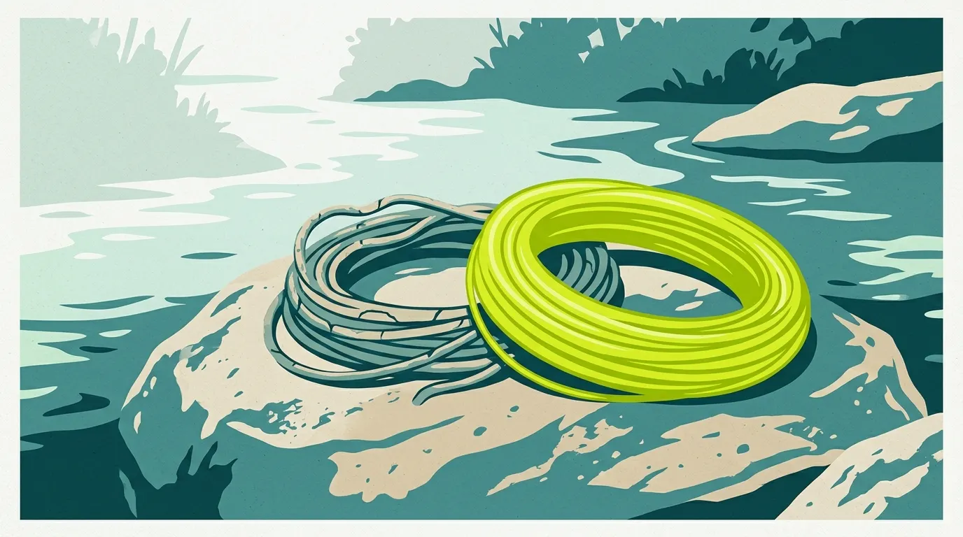 Worn fly line coil next to a fresh coil on a rock