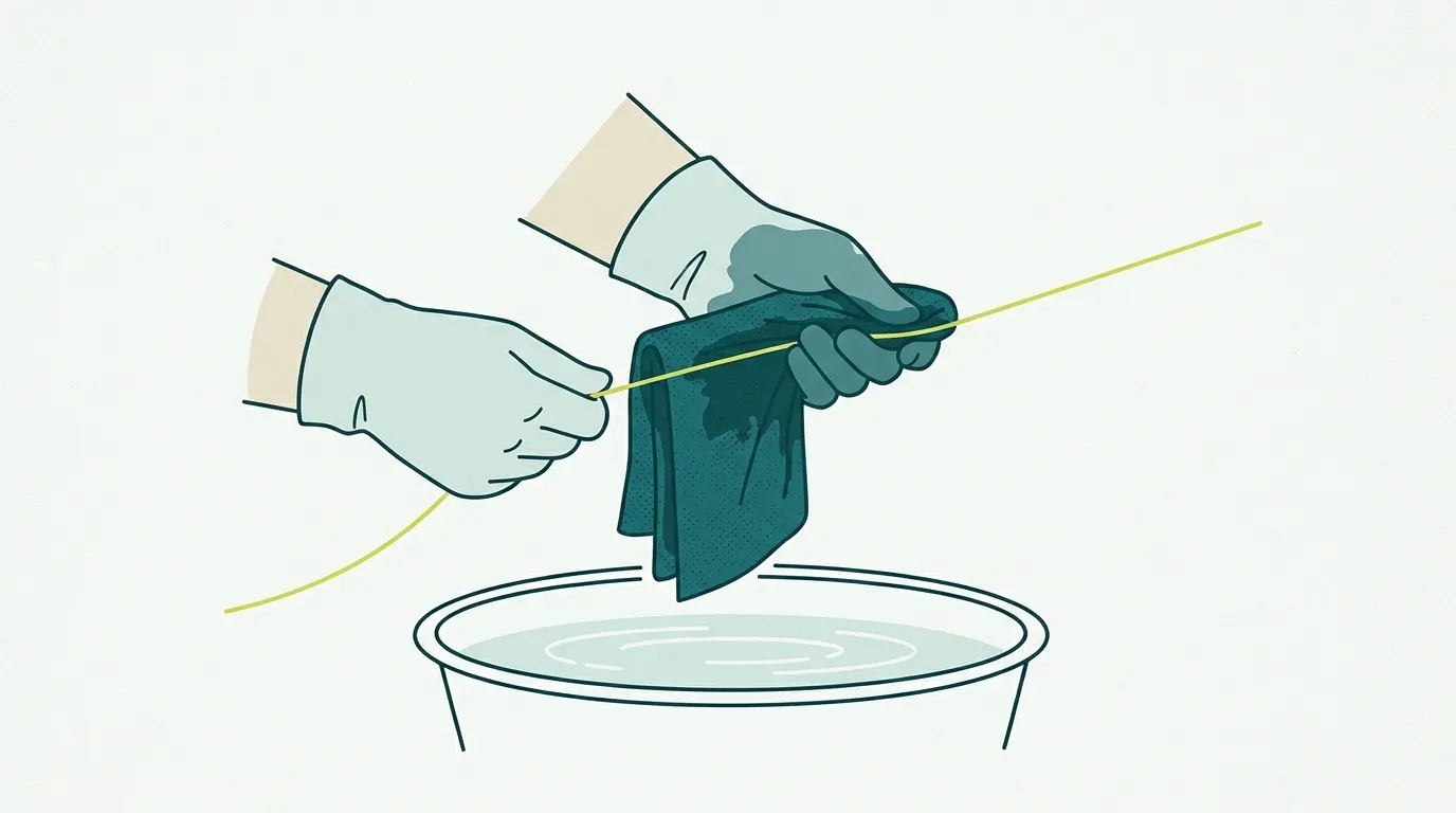 Pulling fly line through a damp cloth