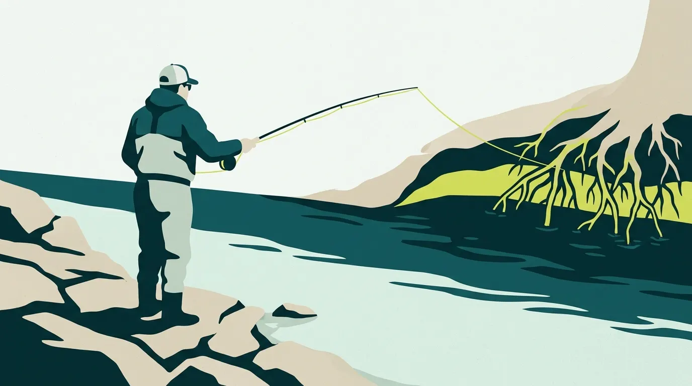 Angler casting a streamer to an undercut bank