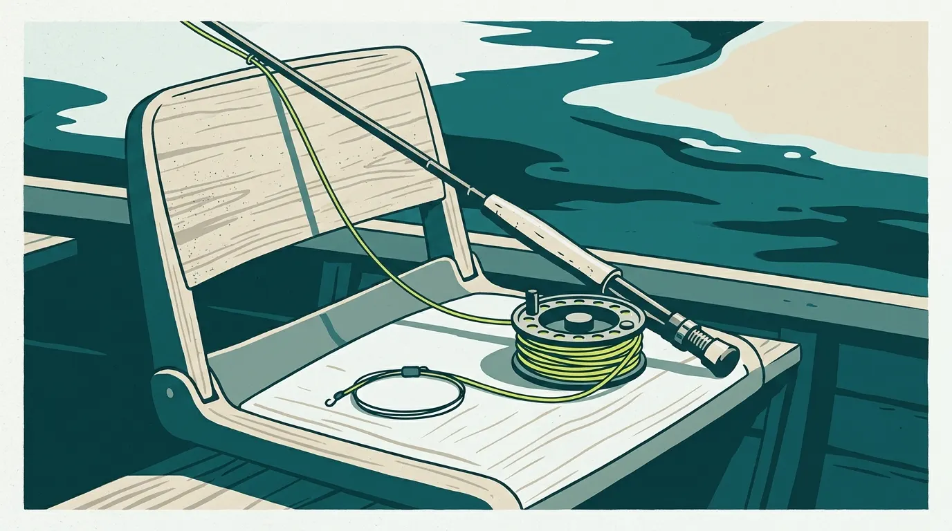 Rod, reel and sinking line on a boat seat