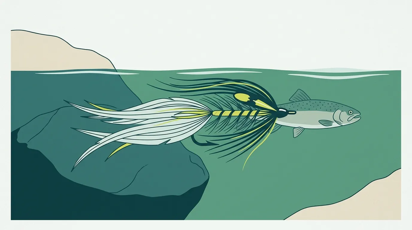 Streamer fly swimming past a boulder with a trout following