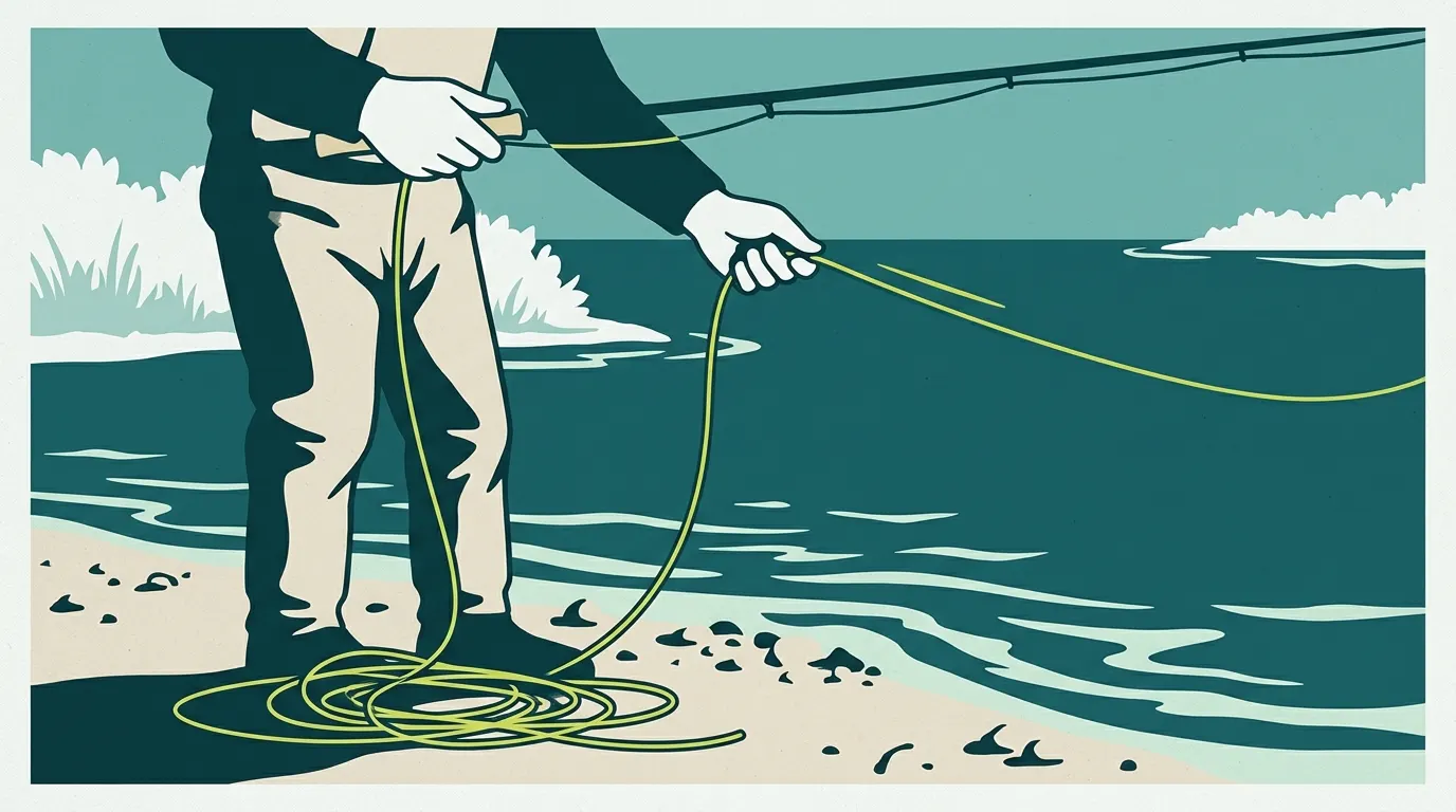 Hands stripping line to retrieve a streamer
