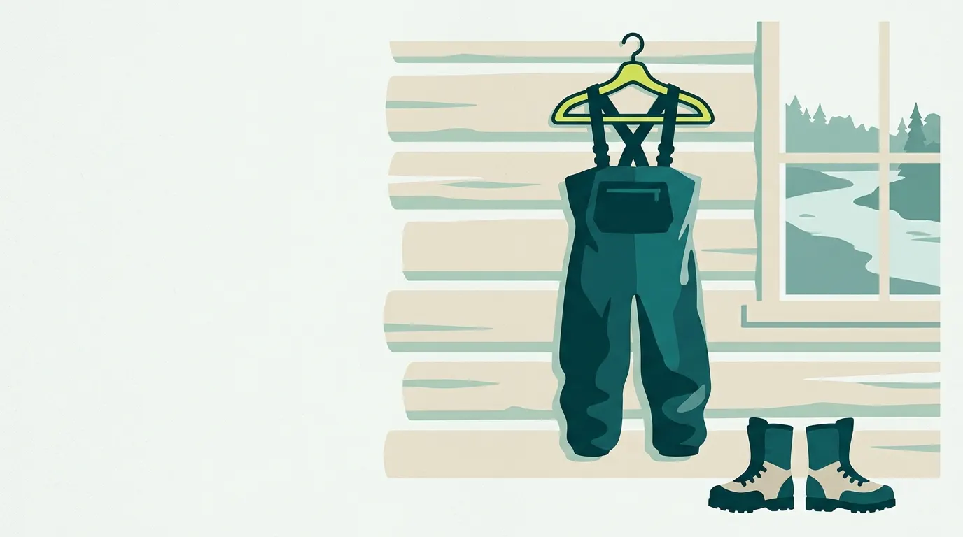 Chest waders hanging to dry beside a cabin window
