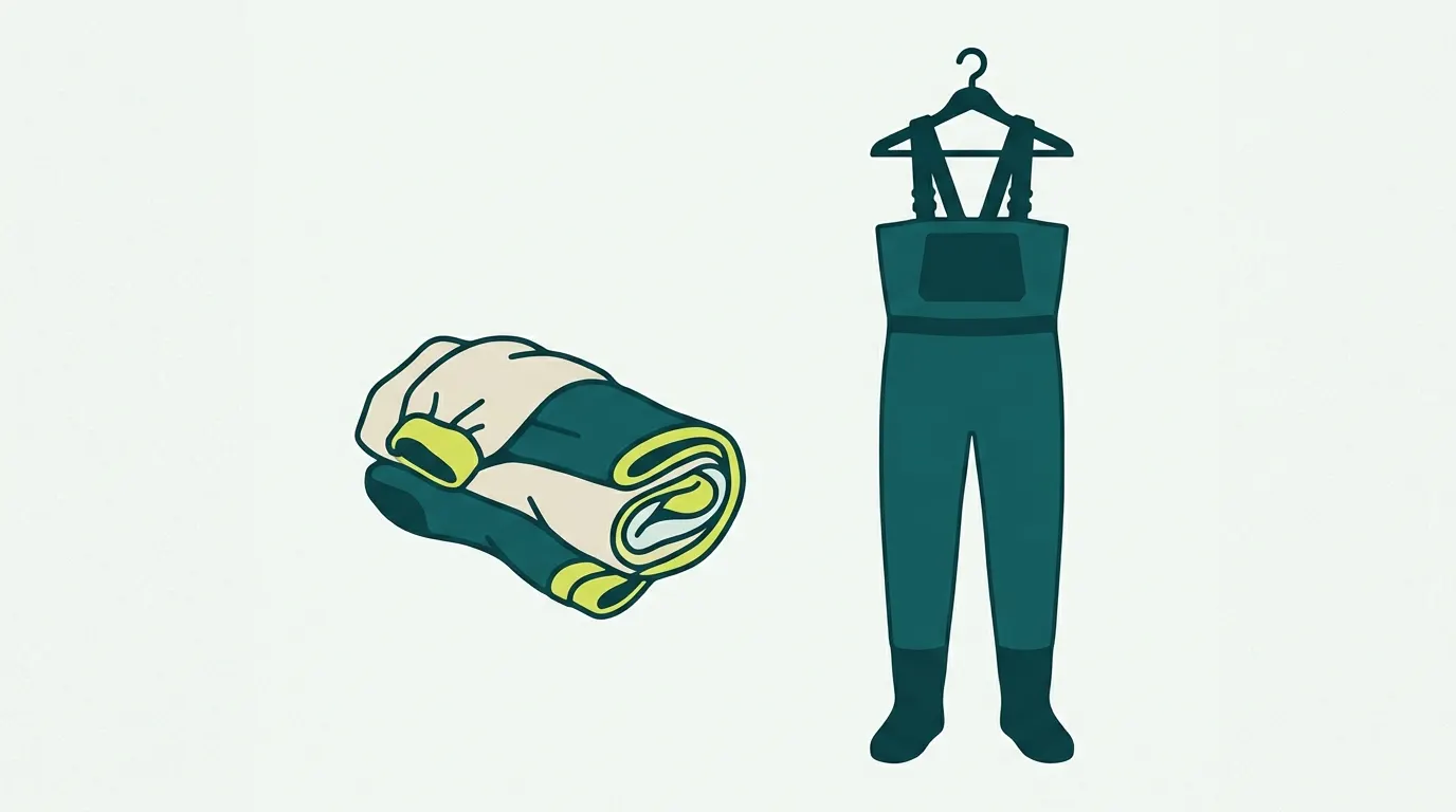 Waders rolled loosely next to a pair on a hanger