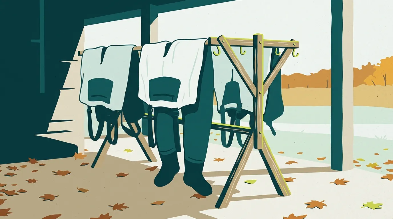 Waders airing on a porch rack before seasonal storage