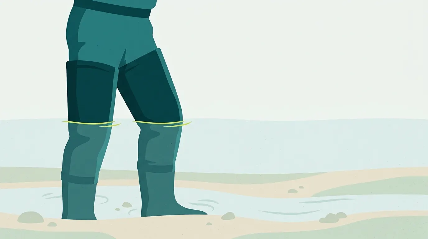 Legs in hip waders standing in thigh-deep shallow water