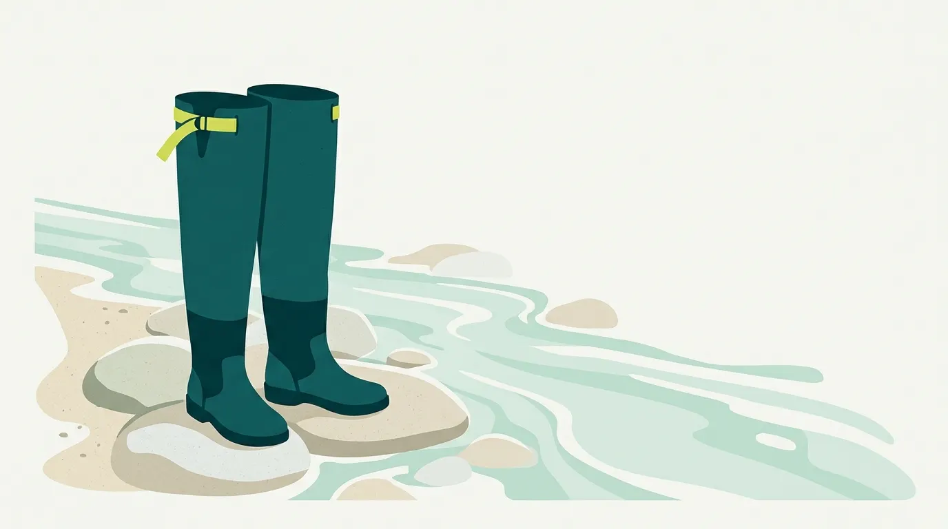 Hip waders standing on stones beside a shallow stream