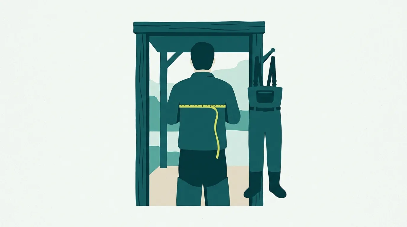 Measuring chest with a plain tape next to hanging waders