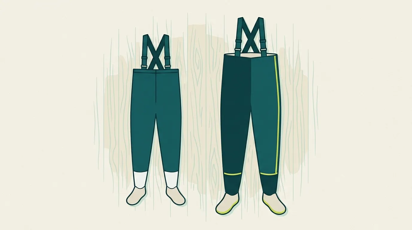 Two pairs of waders laid out showing different lengths and widths