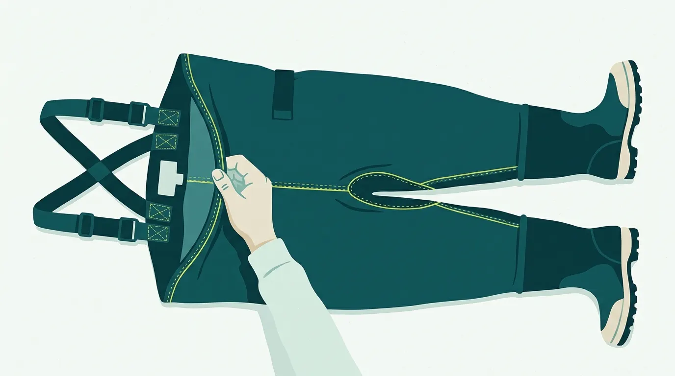 Inspecting a used pair of waders on a table