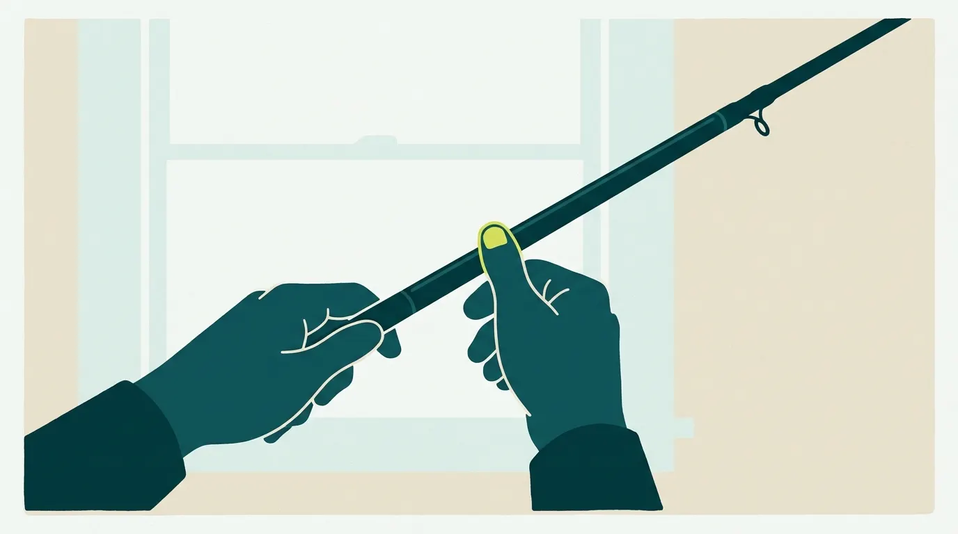 Hands inspecting a rod section against a window