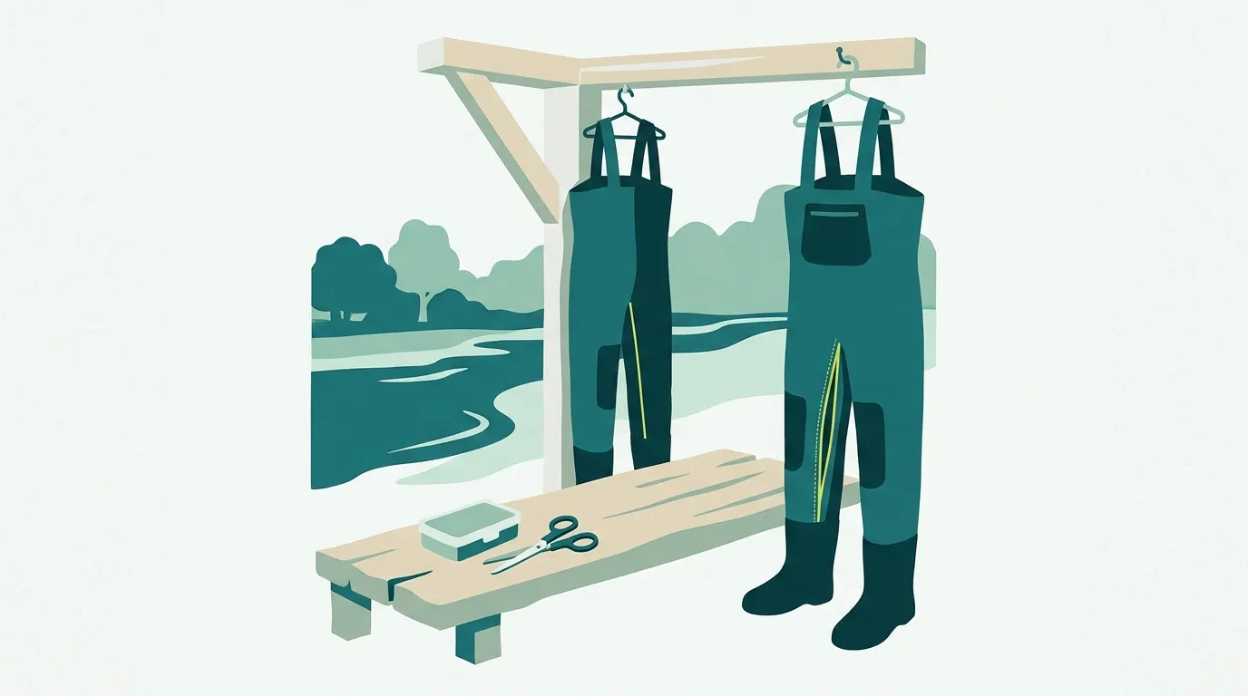 Waders with a long split seam hung beside an unused patch kit