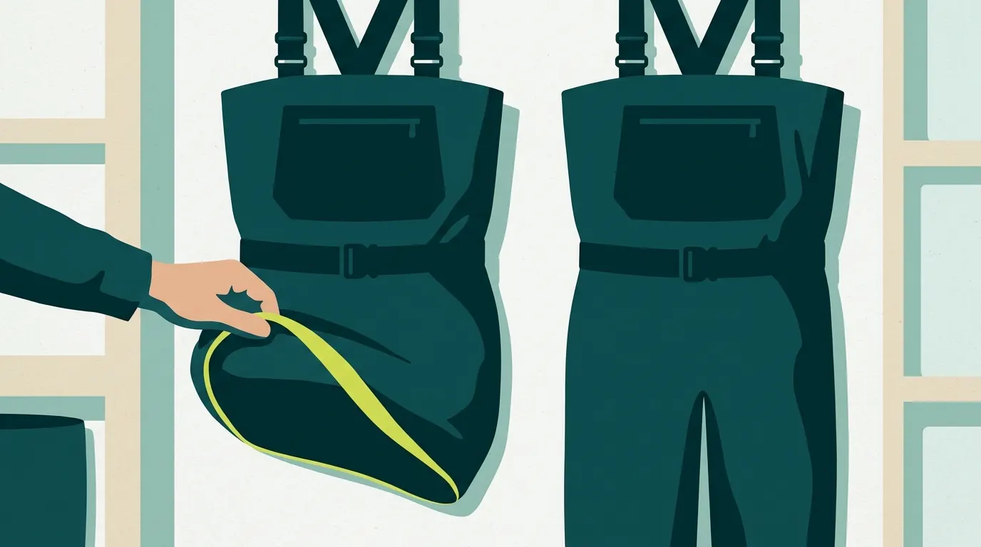 Comparing two pairs of waders hanging in a shop