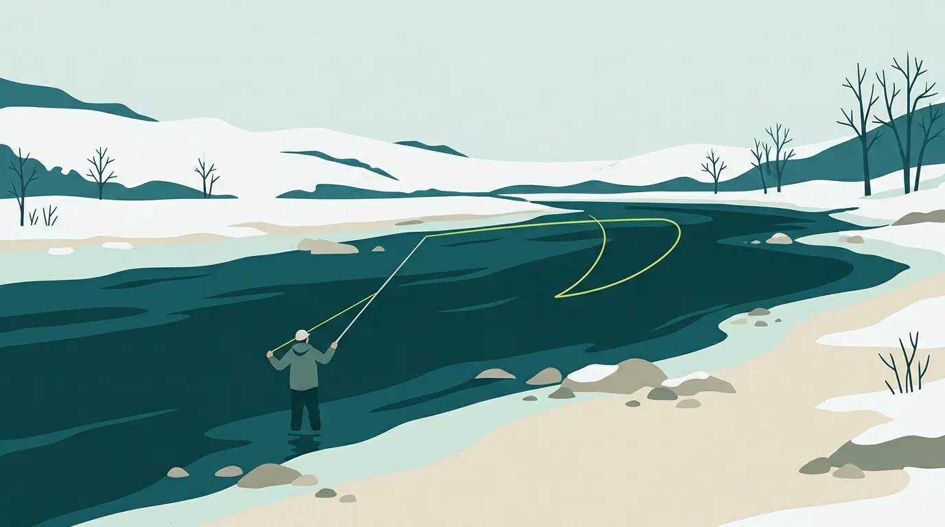 Spey cast making a big loop over a wide winter river