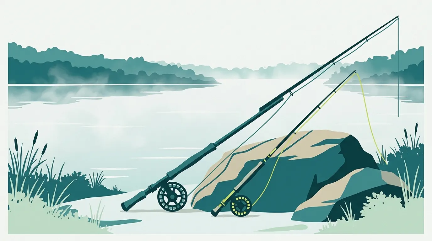Two-handed rods of different lengths leaning on a river rock