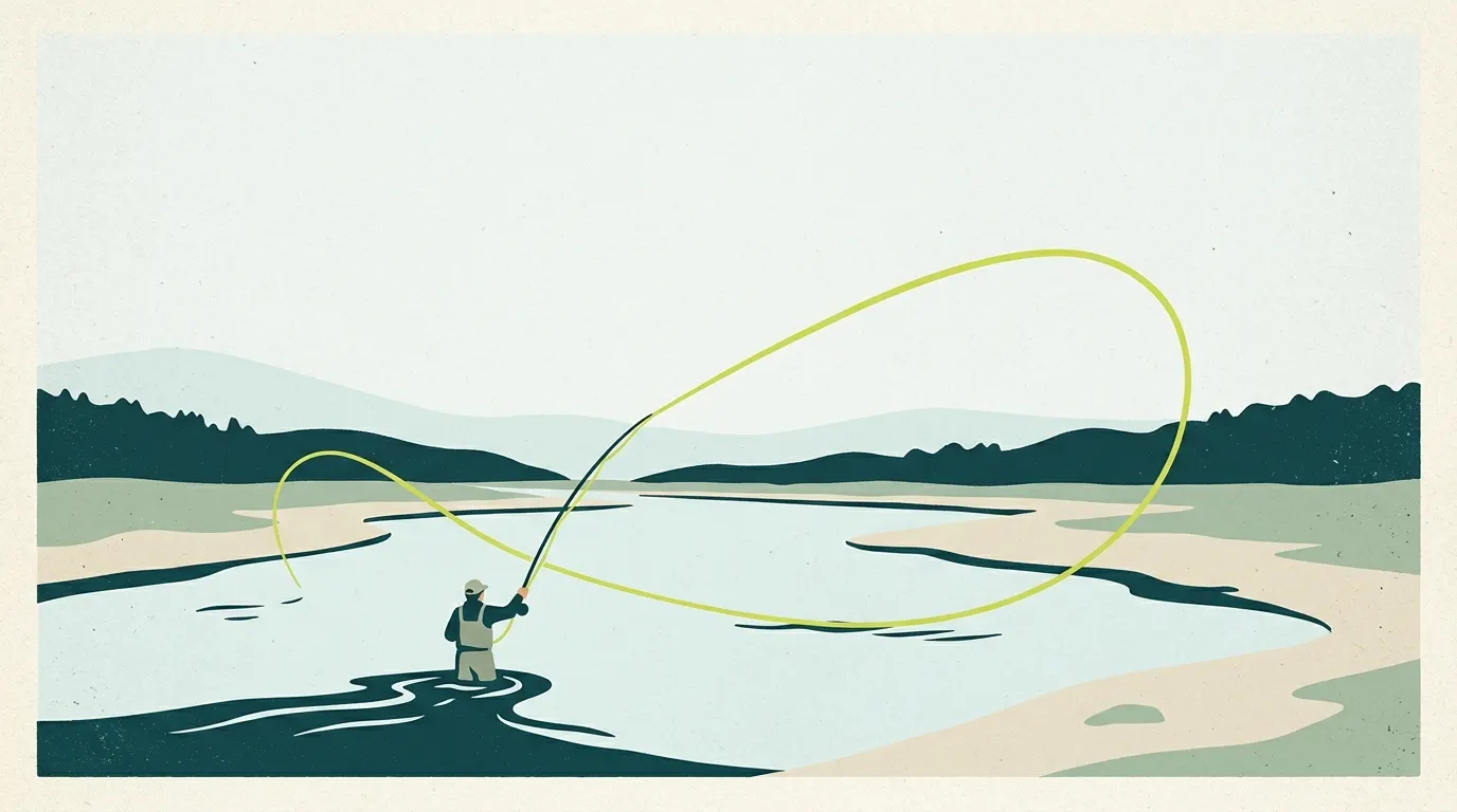 Angler making a long spey cast on a big river