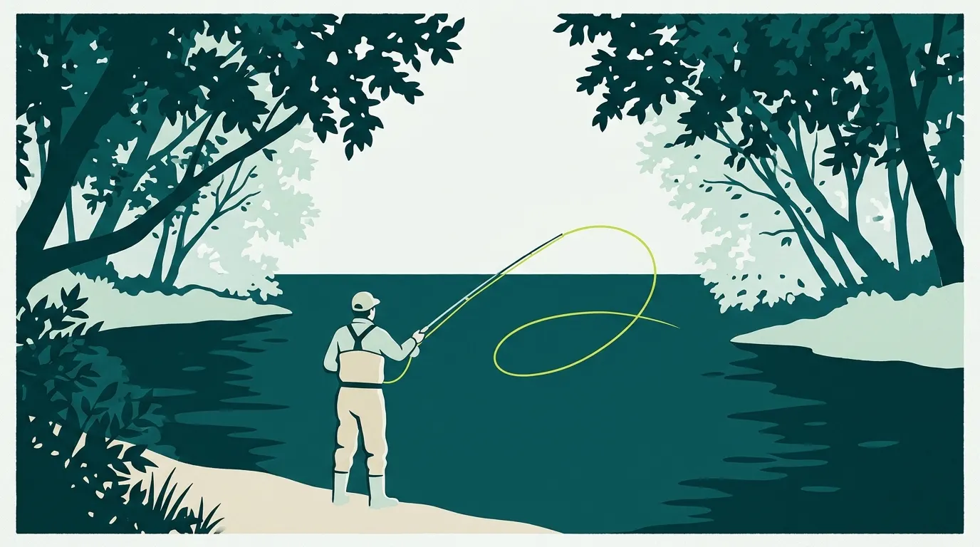 Angler casting a switch rod on a small river