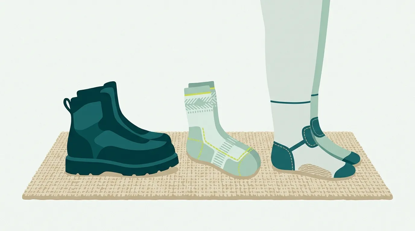 Wading boot, sock and stockingfoot waders laid in a row