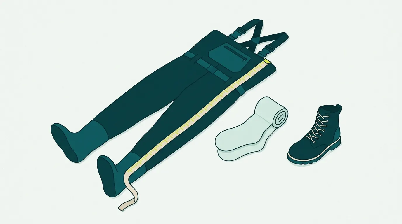 Waders laid flat with a measuring tape along the leg