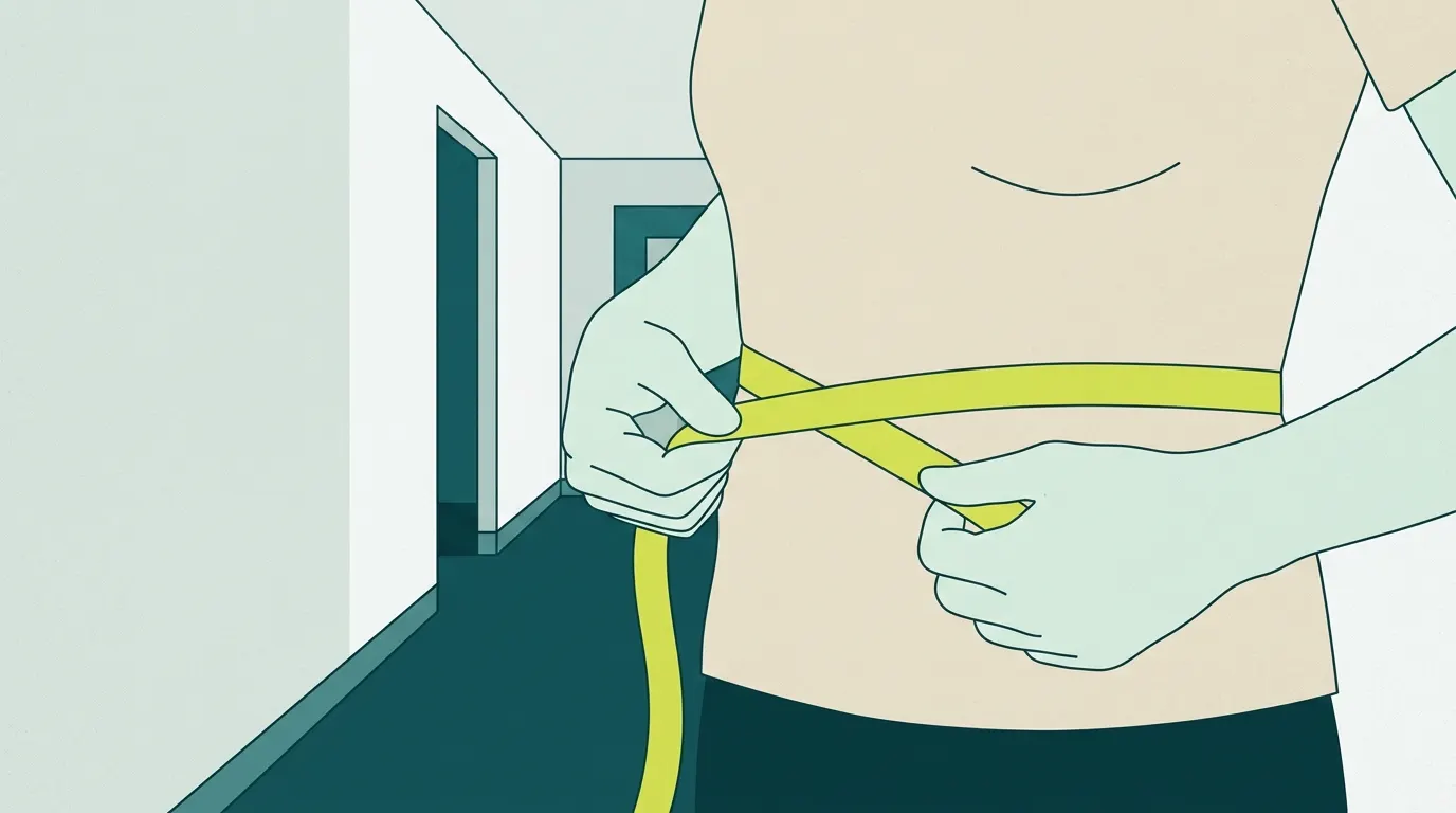Hands holding a plain tape around a torso to measure
