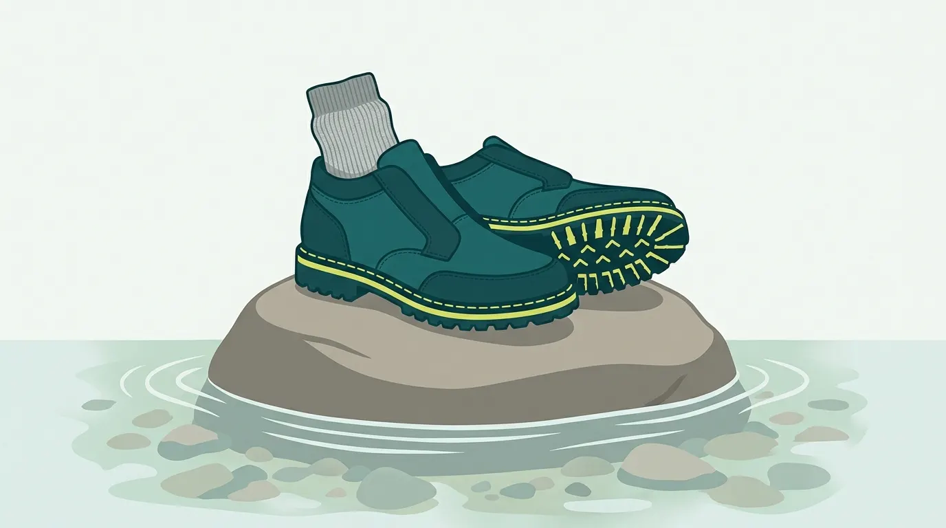 Wading shoes with lugged soles on a flat rock