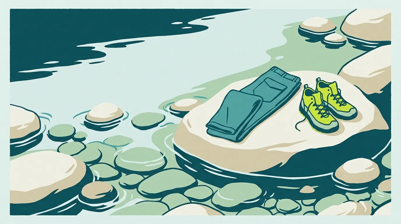 Wading shoes and trousers drying on a boulder beside a summer river